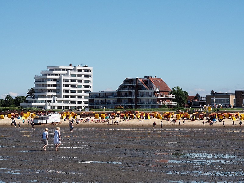 Blick aus dem Watt auf Cuxhaven Duhnen mit dem Strand, den Strandkörben, den Deich und die Strandpromenade