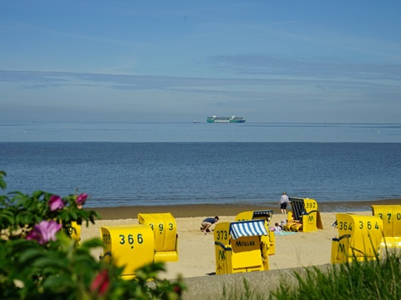 Blick auf den Strand mit gelben Strandkörben und einem Containerschiff im Hintergrund